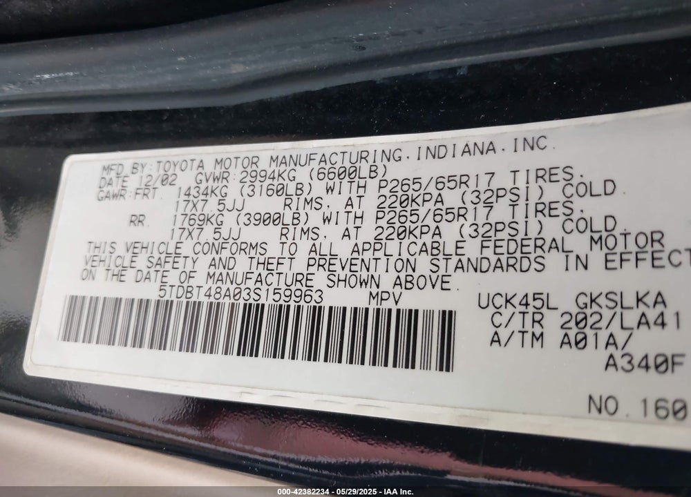 2003 TOYOTA SEQUOIA LIMITED V8 VIN: 5TDBT48A03S159963