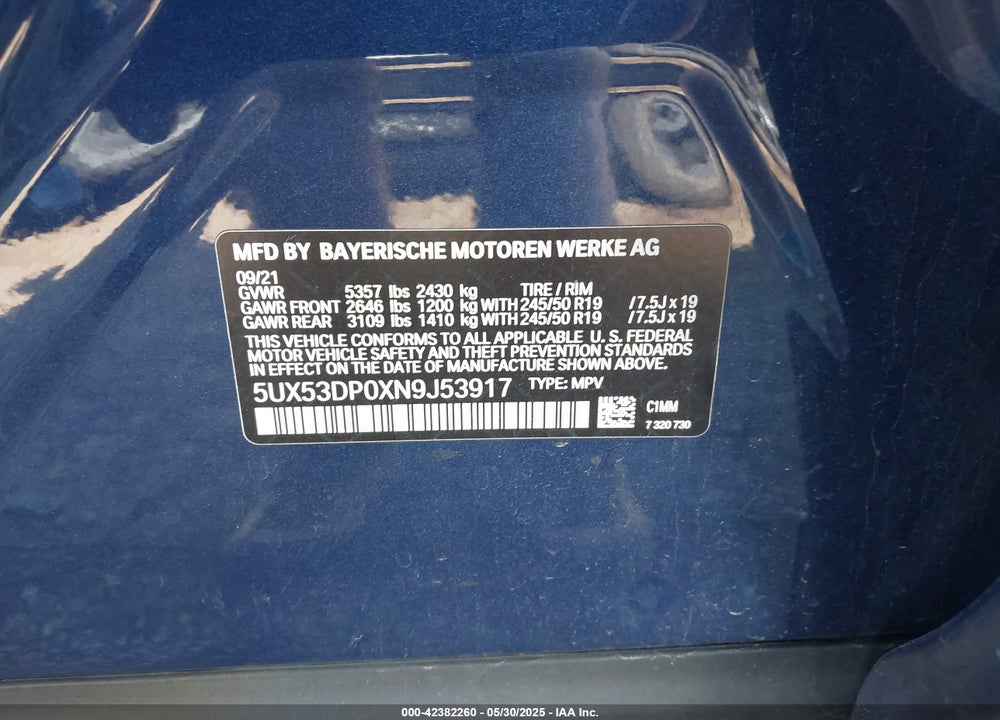 2022 BMW X3 XDRIVE30I VIN: 5UX53DP0XN9J53917