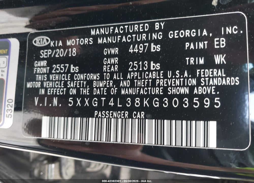 2019 KIA OPTIMA VIN: 5XXGT4L38KG303595