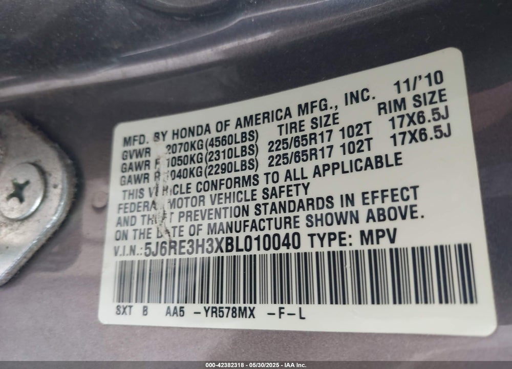 2011 HONDA CR-V VIN: 5J6RE3H3XBL010040