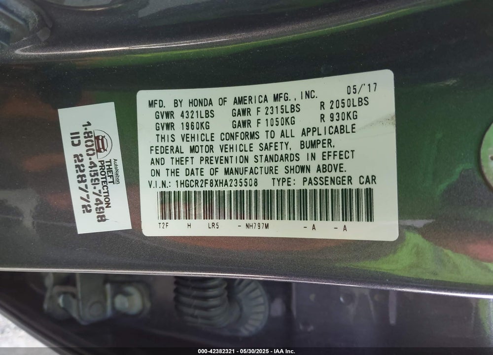 2017 HONDA ACCORD EX-L VIN: 1HGCR2F8XHA235508