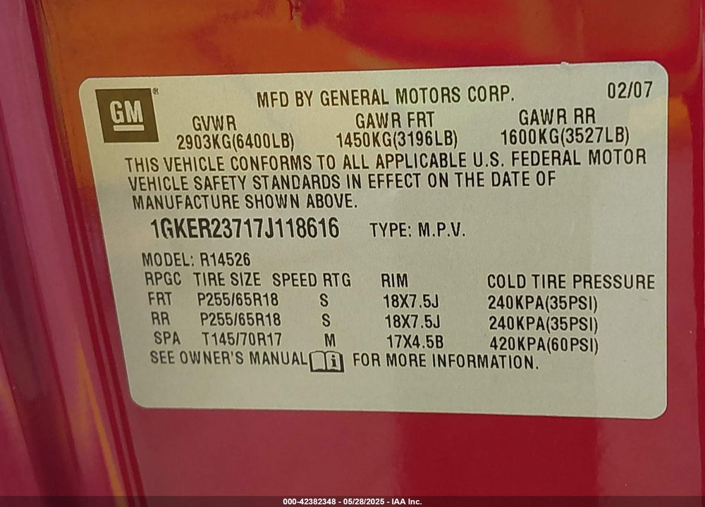 2007 GMC ACADIA SLT-1 VIN: 1GKER23717J118616