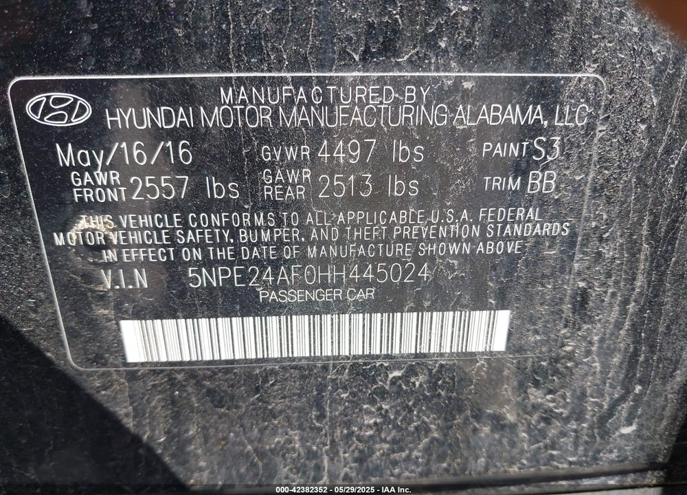2017 HYUNDAI SONATA SE VIN: 5NPE24AF0HH445024