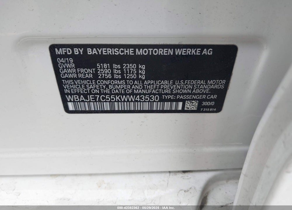 2019 BMW 5 SERIES VIN: WBAJE7C55KWW43530