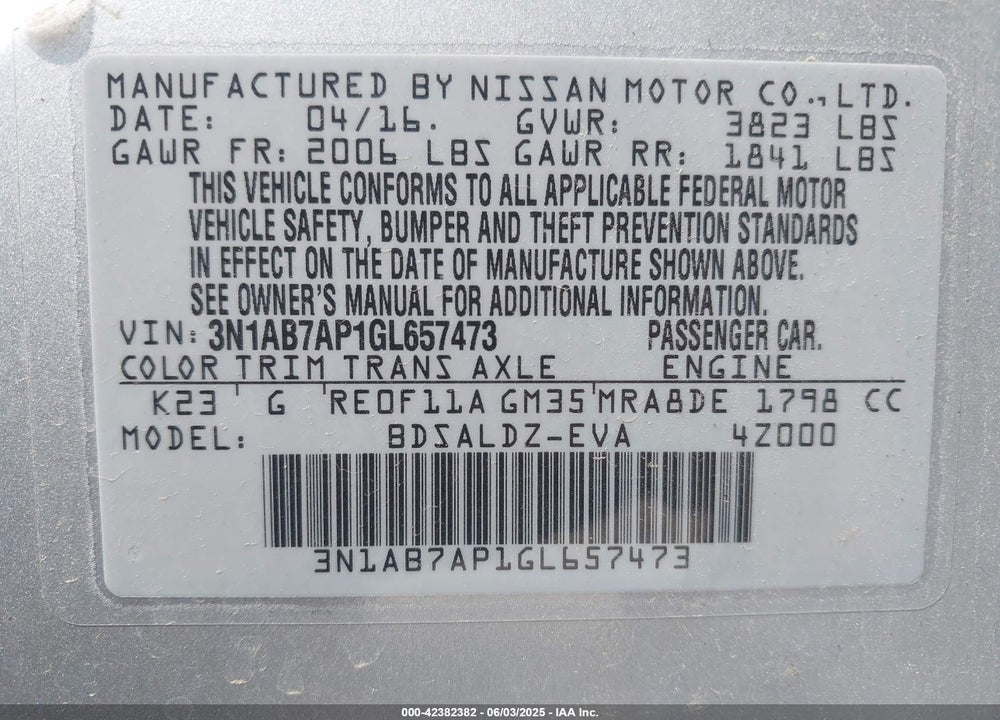 2016 NISSAN SENTRA VIN: 3N1AB7AP1GL657473