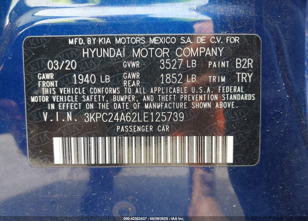 2020 HYUNDAI ACCENT VIN: 3KPC24A62LE125739