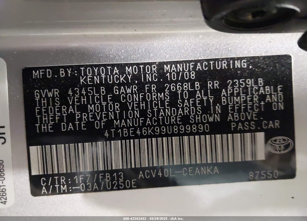 2009 TOYOTA CAMRY LE VIN: 4T1BE46K99U899890