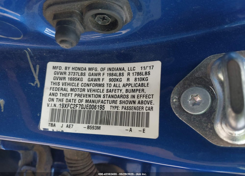 2018 HONDA CIVIC VIN: 19XFC2F70JE006195