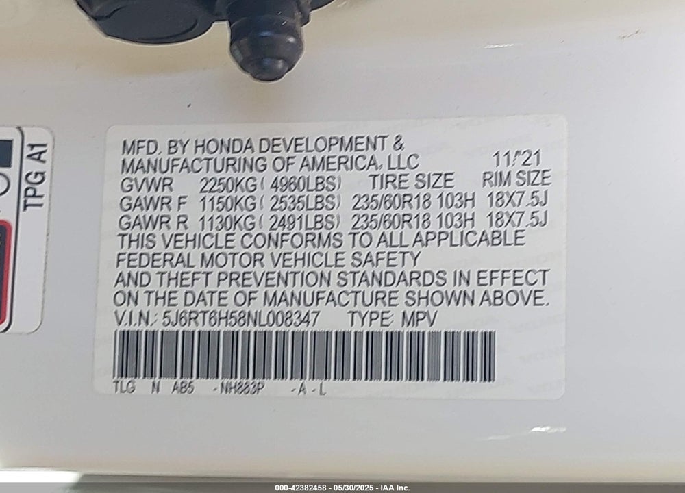 2022 HONDA CR-V VIN: 5J6RT6H58NL008347