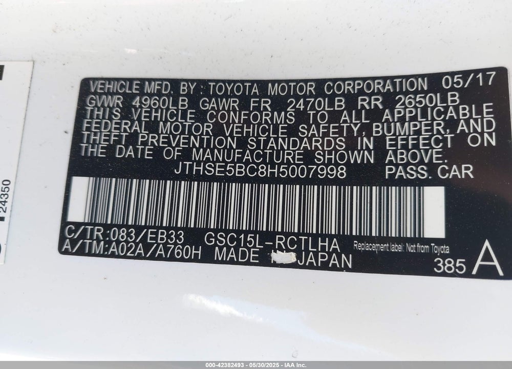 2017 LEXUS RC 350 VIN: JTHSE5BC8H5007998