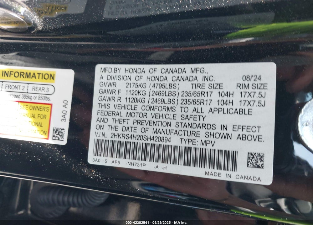 2025 HONDA CR-V VIN: 2HKRS4H20SH420894