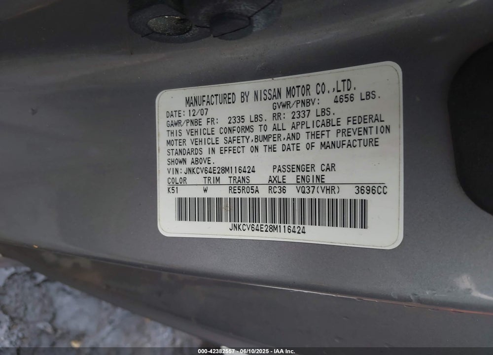 2008 INFINITI G37 VIN: JNKCV64E28M116424