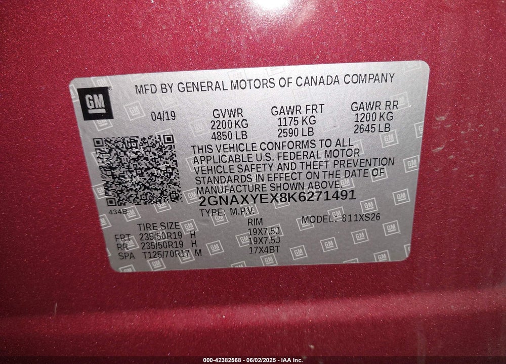 2019 CHEVROLET EQUINOX PREMIER VIN: 2GNAXYEX8K6271491