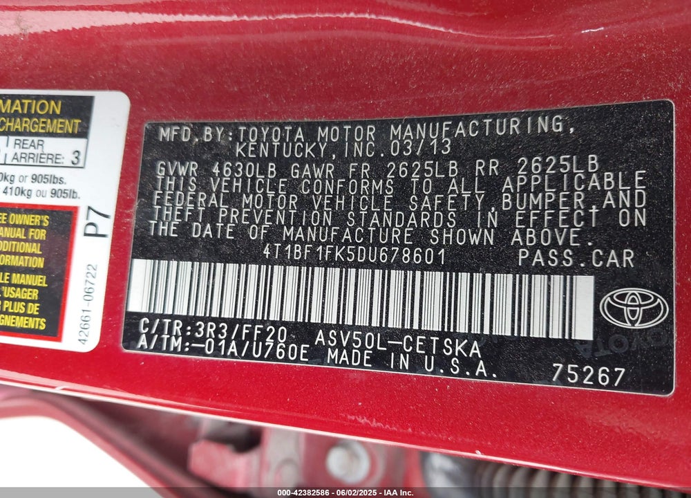 2013 TOYOTA CAMRY VIN: 4T1BF1FK5DU678601