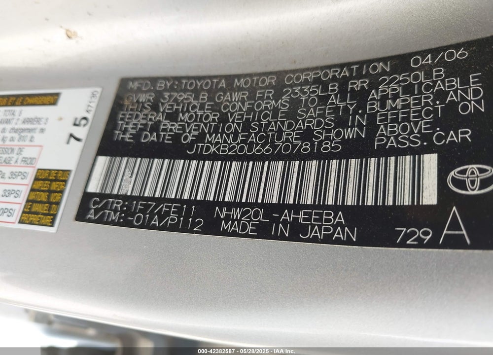 2006 TOYOTA PRIUS VIN: JTDKB20U667078185