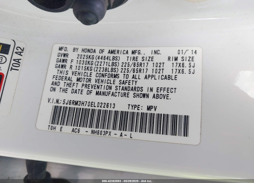 2014 HONDA CR-V EX-L VIN: 5J6RM3H70EL022613