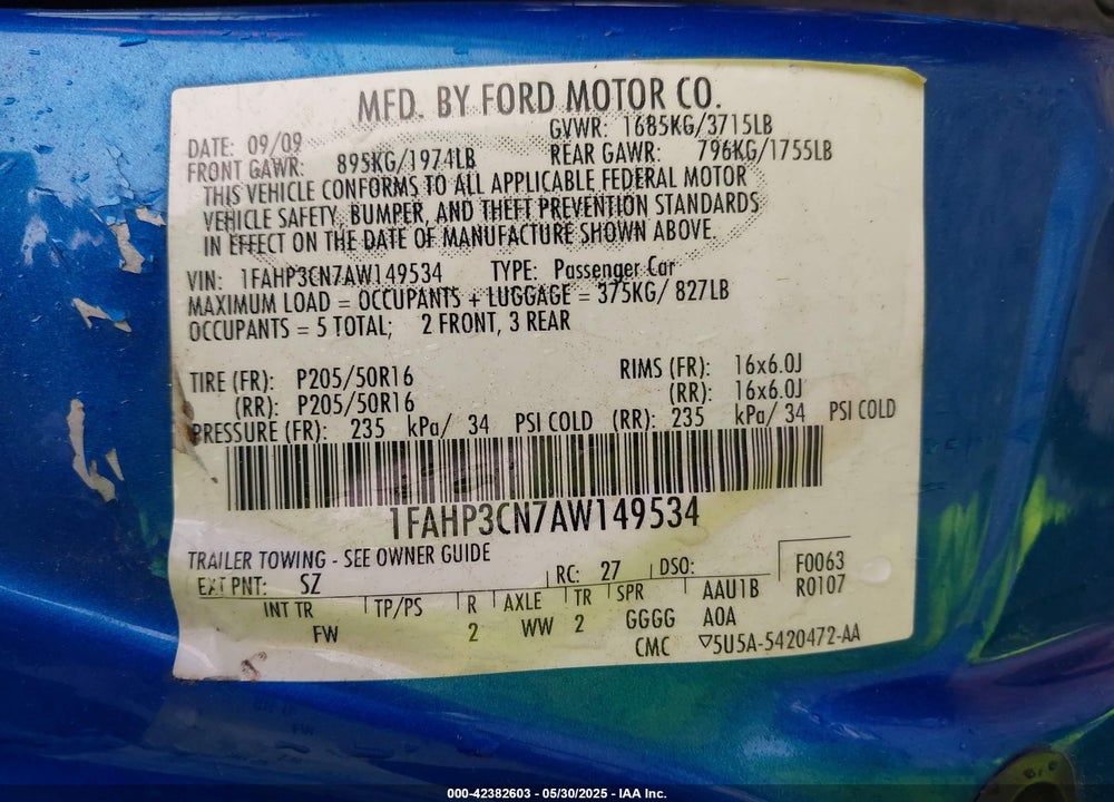 2010 FORD FOCUS SE VIN: 1FAHP3CN7AW149534