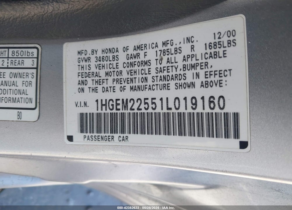 2001 HONDA CIVIC LX VIN: 1HGEM22551L019160