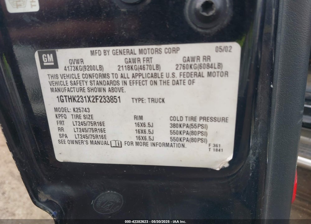 2002 GMC SIERRA 2500HD SLE VIN: 1GTHK231X2F233851
