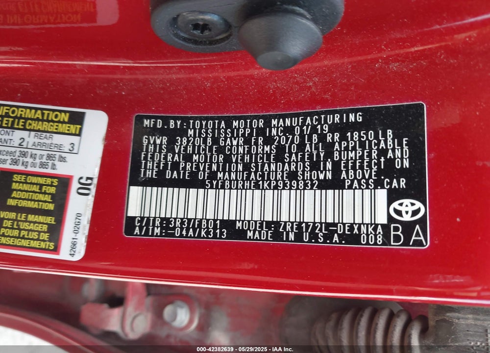 2019 TOYOTA COROLLA VIN: 5YFBURHE1KP939832