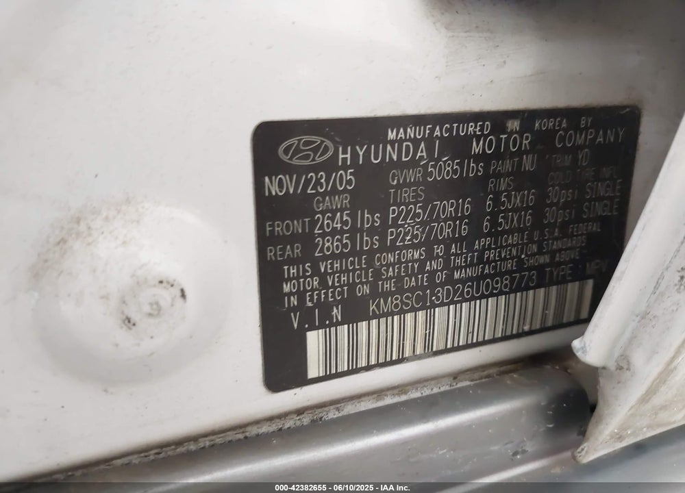 2006 HYUNDAI SANTA FE VIN: KM8SC13D26U098773