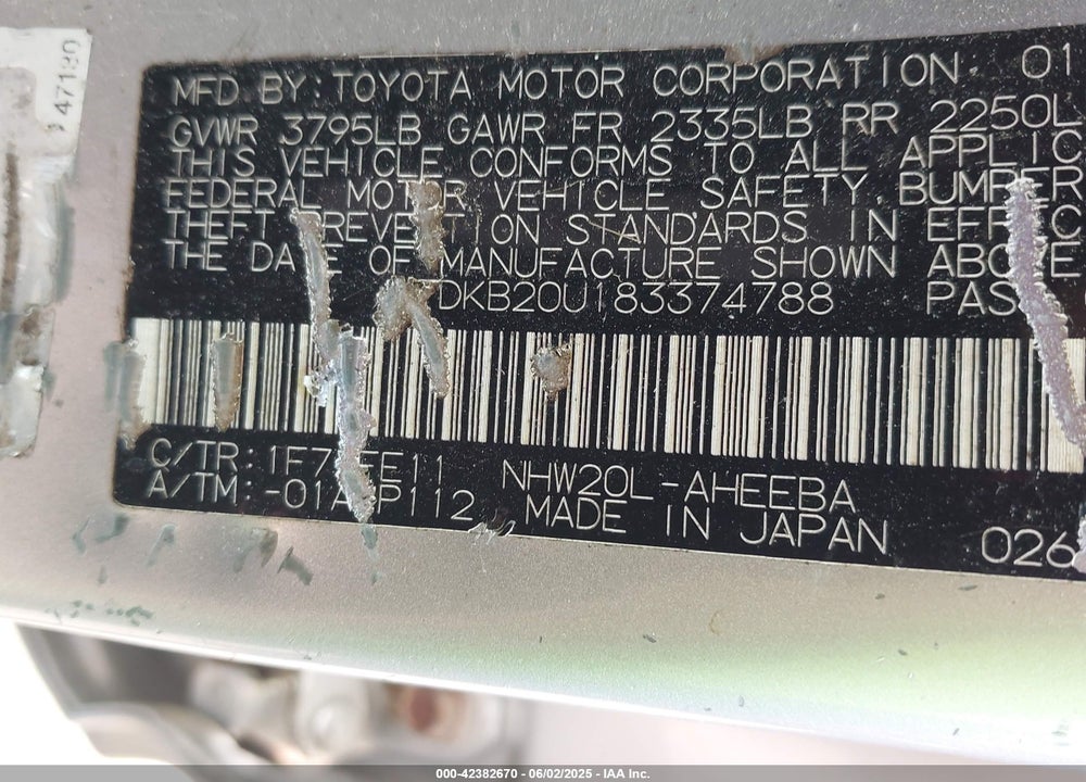 2008 TOYOTA PRIUS VIN: JTDKB20U183374788