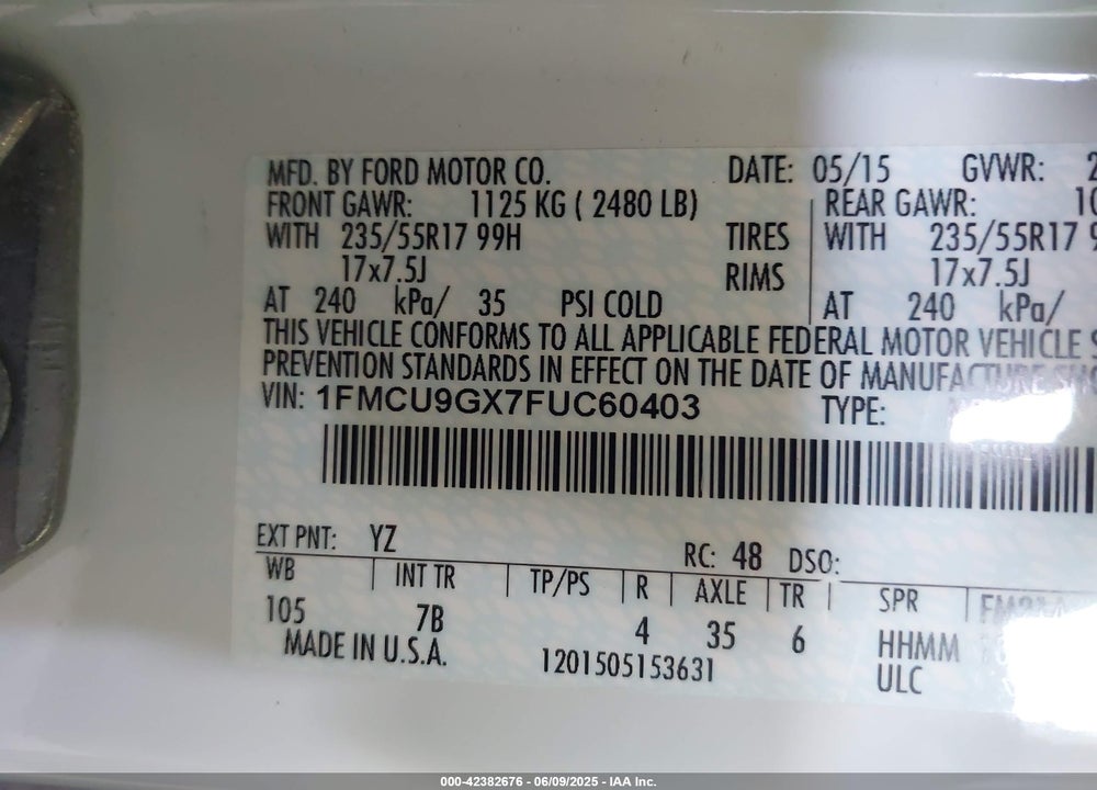 2015 FORD ESCAPE VIN: 1FMCU9GX7FUC60403