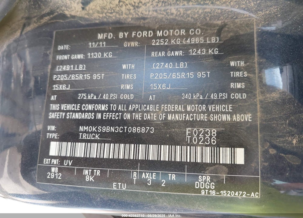 2012 FORD TRANSIT CONNECT XLT VIN: NM0KS9BN3CT086873