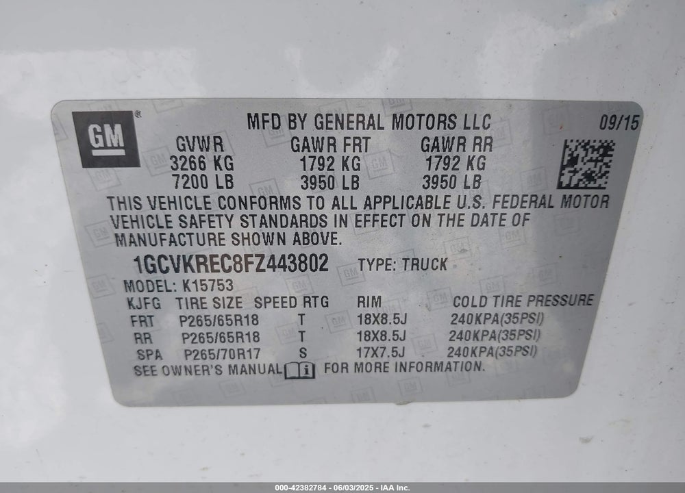 2015 CHEVROLET SILVERADO 1500 VIN: 1GCVKREC8FZ443802