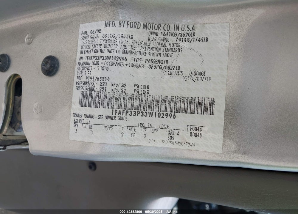 2003 FORD FOCUS LX VIN: 1FAFP33P33W102996