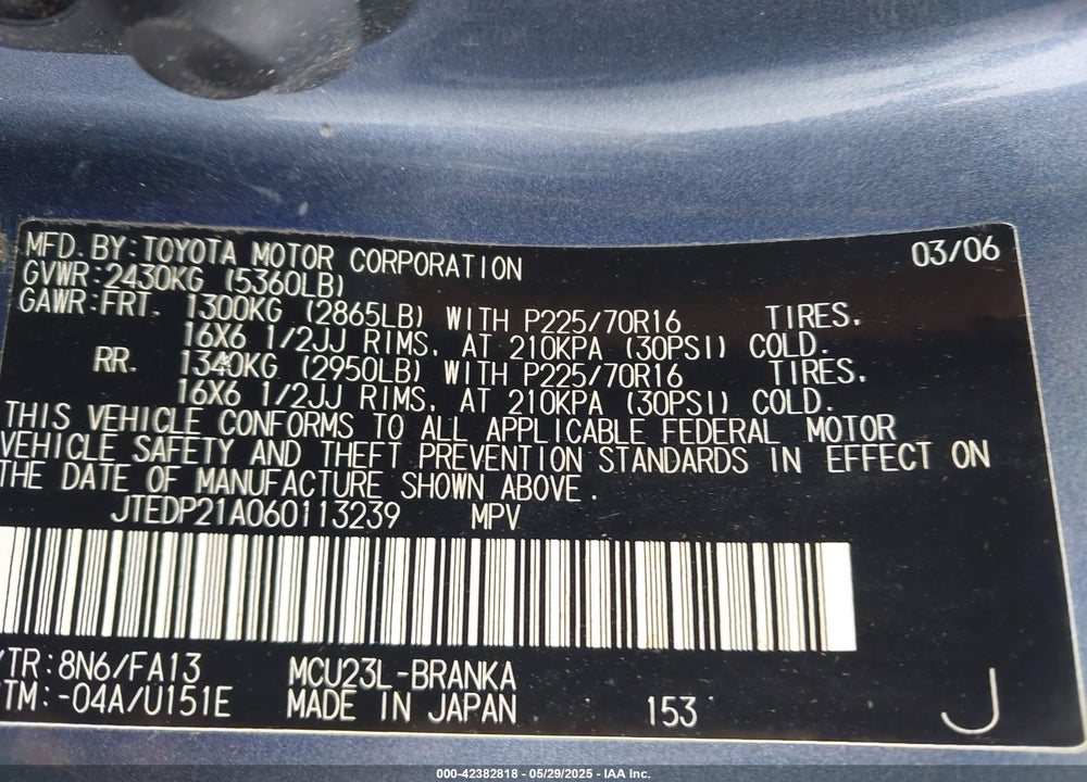 2006 TOYOTA HIGHLANDER V6 VIN: JTEDP21A060113239