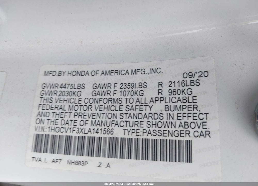 2020 HONDA ACCORD SPORT VIN: 1HGCV1F3XLA141566