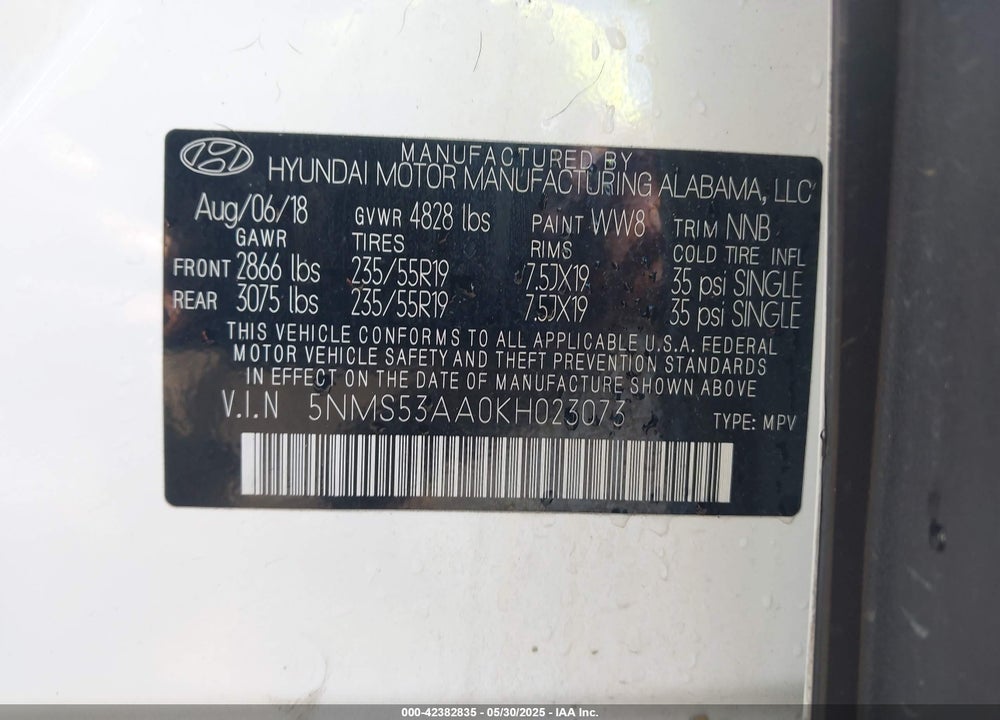 2019 HYUNDAI SANTA FE VIN: 5NMS53AA0KH023073