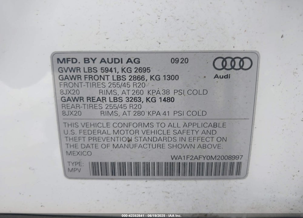 2021 AUDI Q5 VIN: WA1F2AFY0M2008997