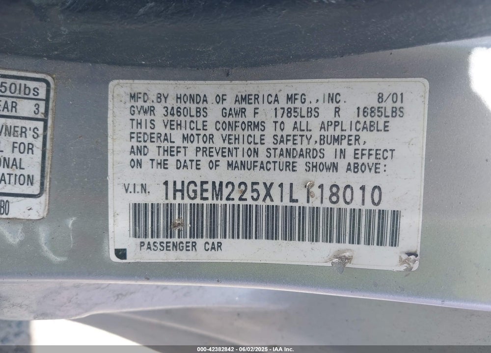 2001 HONDA CIVIC LX VIN: 1HGEM225X1L118010