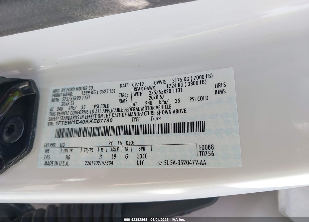 2019 FORD F-150 LARIAT VIN: 1FTEW1E40KKE87780