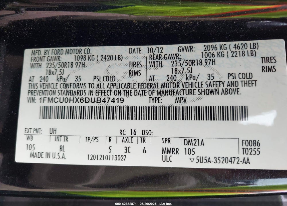 2013 FORD ESCAPE SEL VIN: 1FMCU0HX6DUB47419