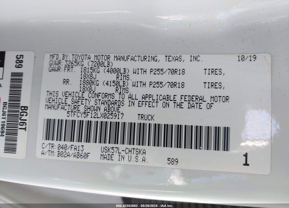 2020 TOYOTA TUNDRA VIN: 5TFCY5F12LX025917