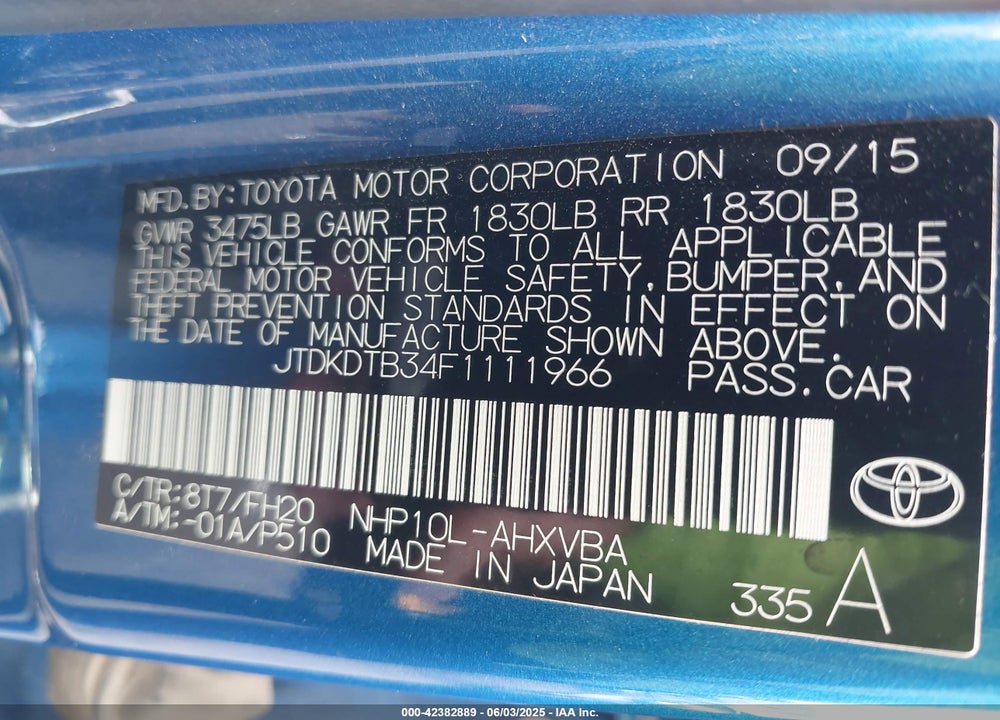 2015 TOYOTA PRIUS C ONE VIN: JTDKDTB34F1111966