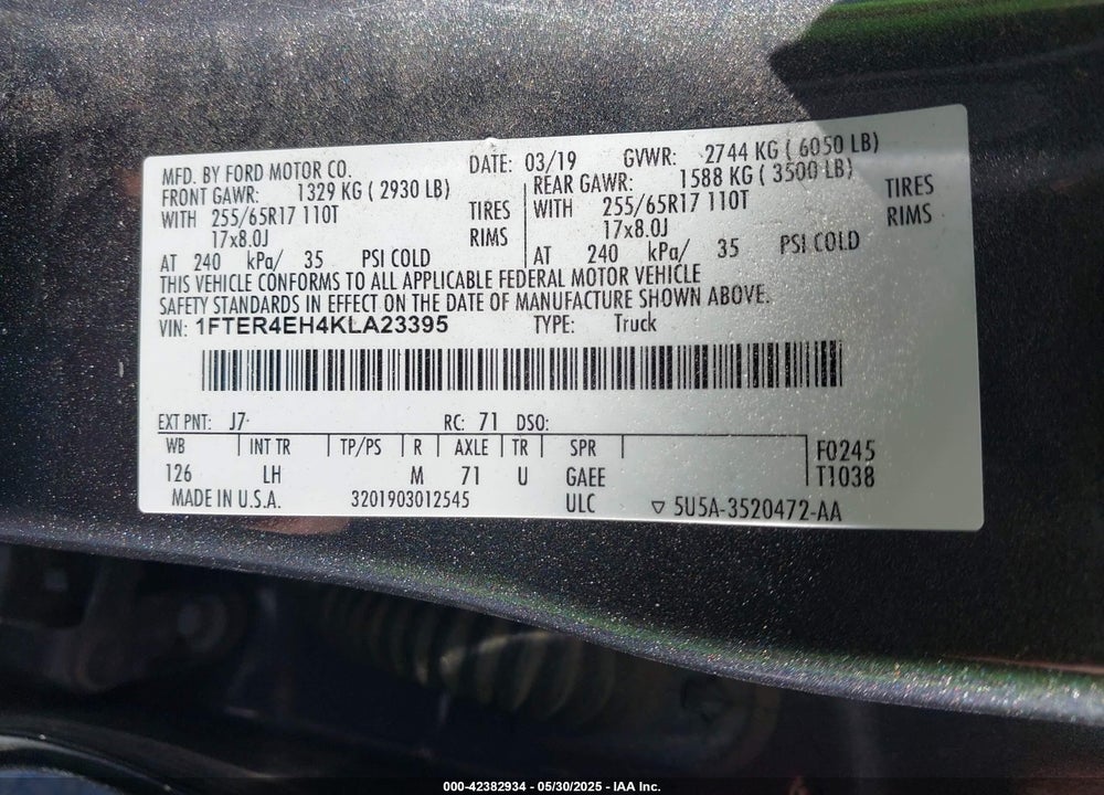 2019 FORD RANGER VIN: 1FTER4EH4KLA23395