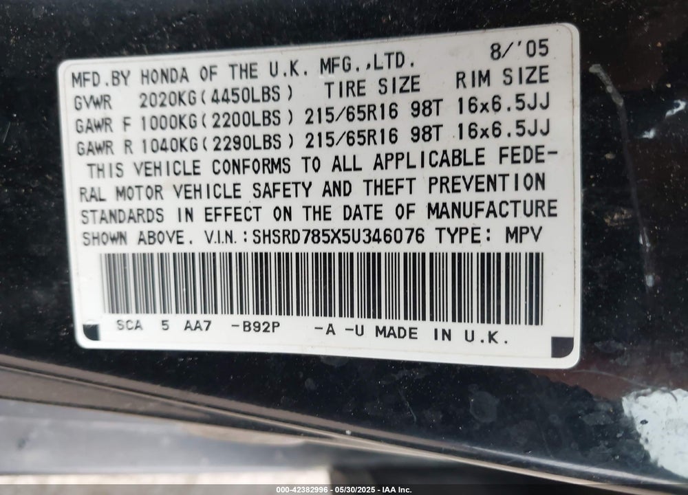 2005 HONDA CR-V LX VIN: SHSRD785X5U346076