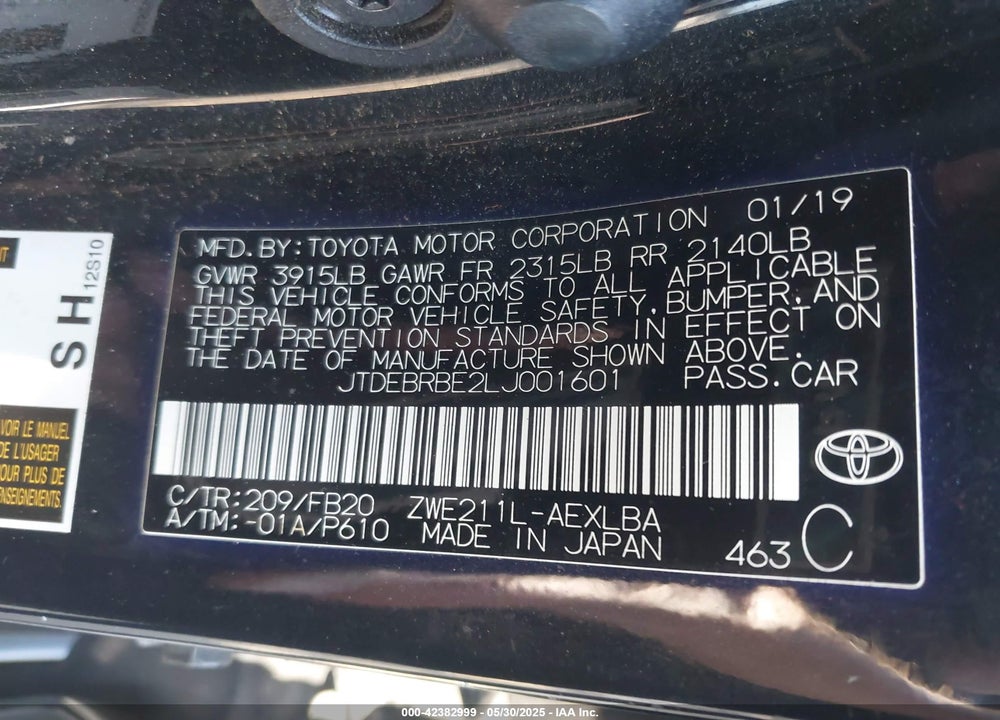 2020 TOYOTA COROLLA VIN: JTDEBRBE2LJ001601