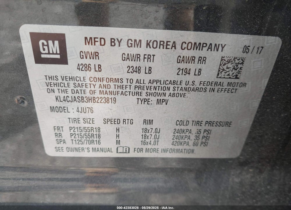 2017 BUICK ENCORE VIN: KL4CJASB3HB223819