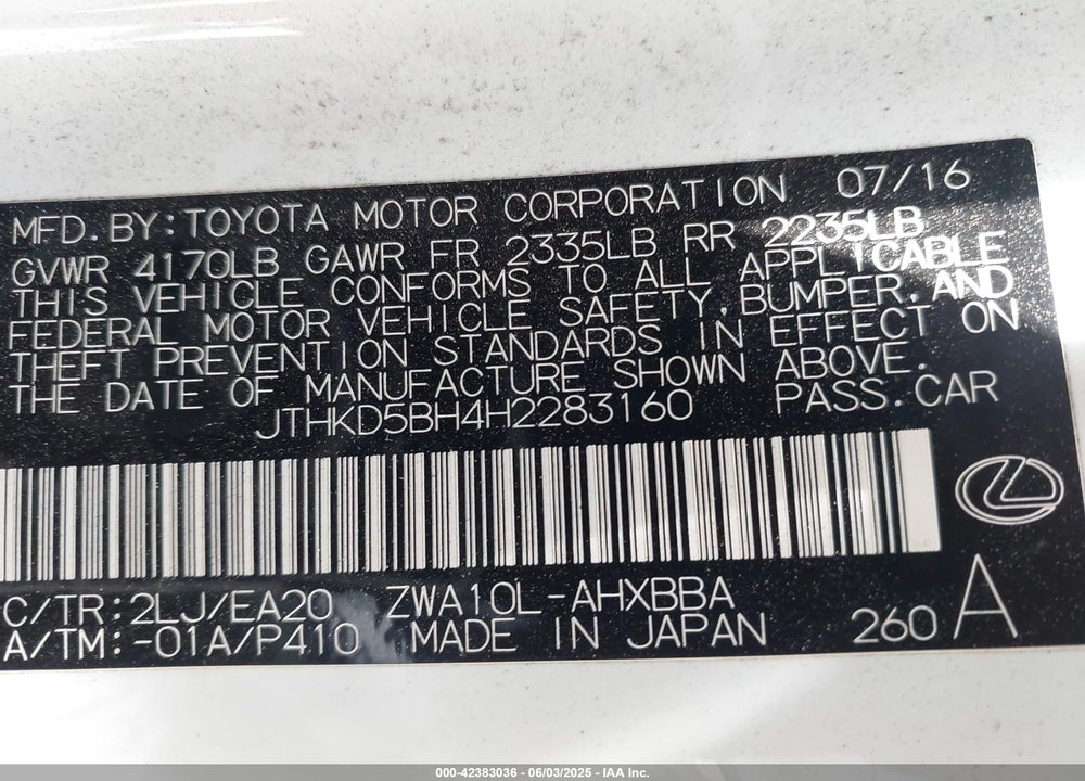 2017 LEXUS CT200H VIN: JTHKD5BH4H2283160