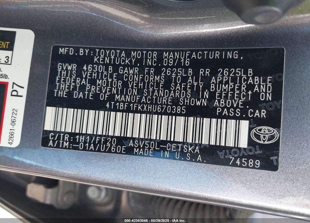 2017 TOYOTA CAMRY LE/SE/XLE/XSE VIN: 4T1BF1FKXHU670385