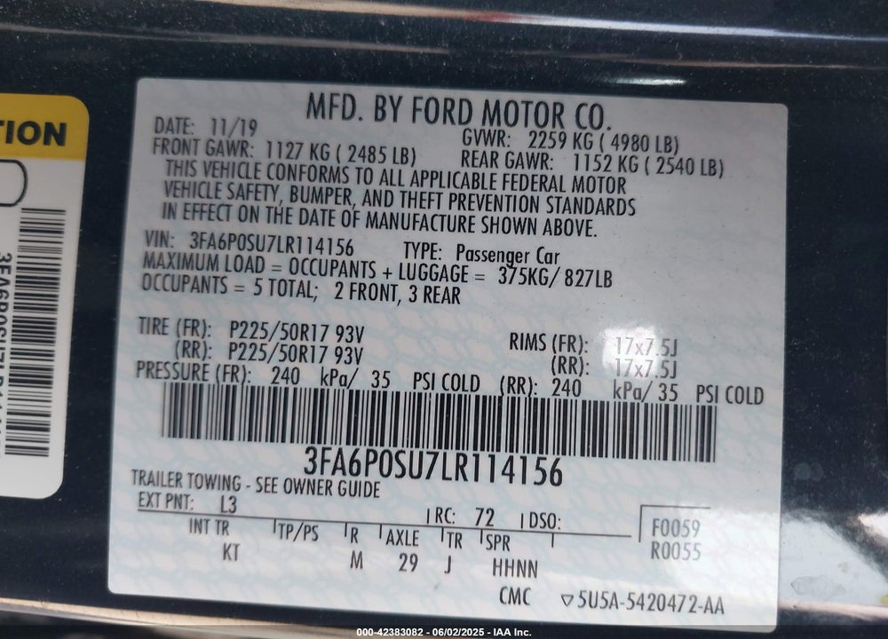 2020 FORD FUSION VIN: 3FA6P0SU7LR114156