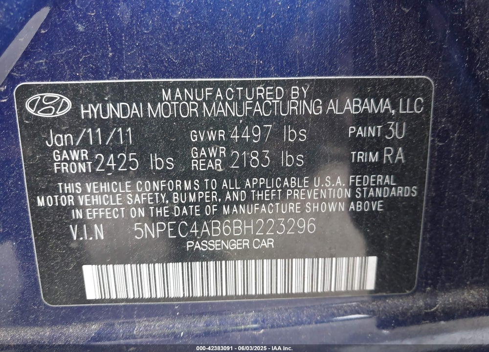 2011 HYUNDAI SONATA SE 2.0T VIN: 5NPEC4AB6BH223296