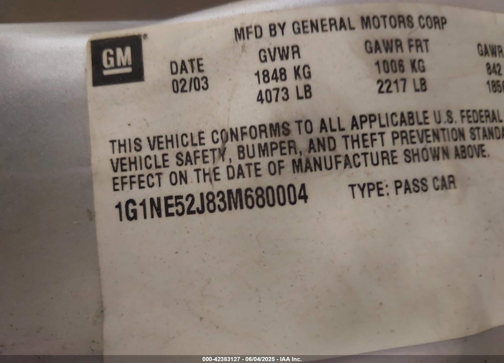 2003 CHEVROLET MALIBU LS VIN: 1G1NE52J83M680004