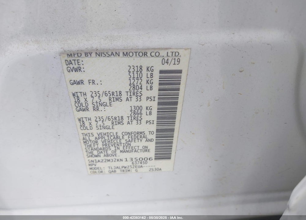 2019 NISSAN MURANO S VIN: 5N1AZ2MJ2KN135006