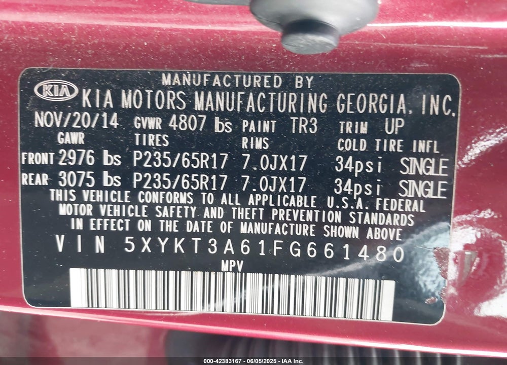 2015 KIA SORENTO LX VIN: 5XYKT3A61FG661480